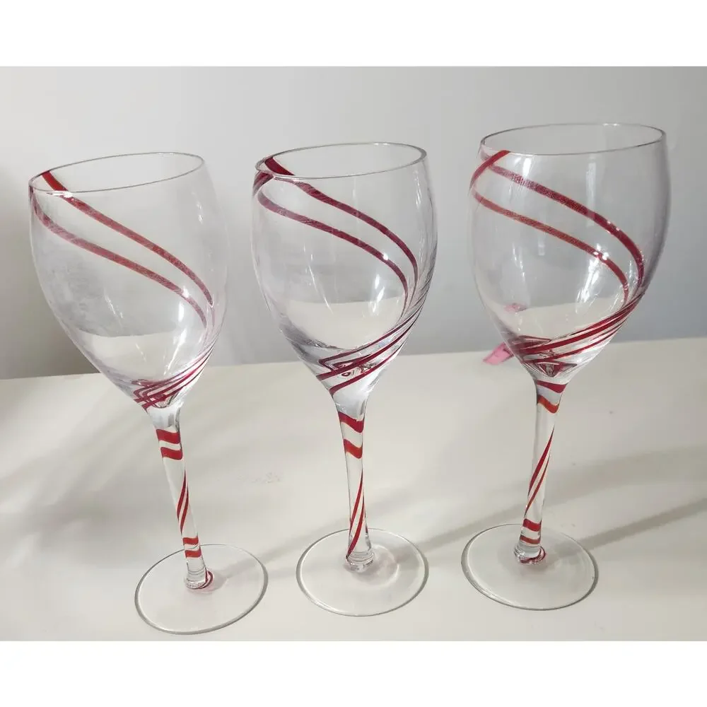 3 Pier 1 Ribbon SWIRLINE Wine Glasses Goblets Red lot of 3